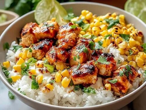 Street corn chicken rice bowl with grilled chicken, charred corn, black beans, cotija cheese, and lime crema overhead